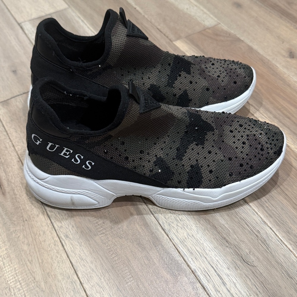GUESS Women’s Olive Green Camo Slip-On Sneakers with rhinestones